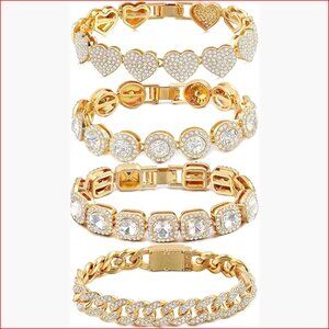 Gold Plated Zinc Crystal Bracelet Set, 4 Piece Layered Link Chain